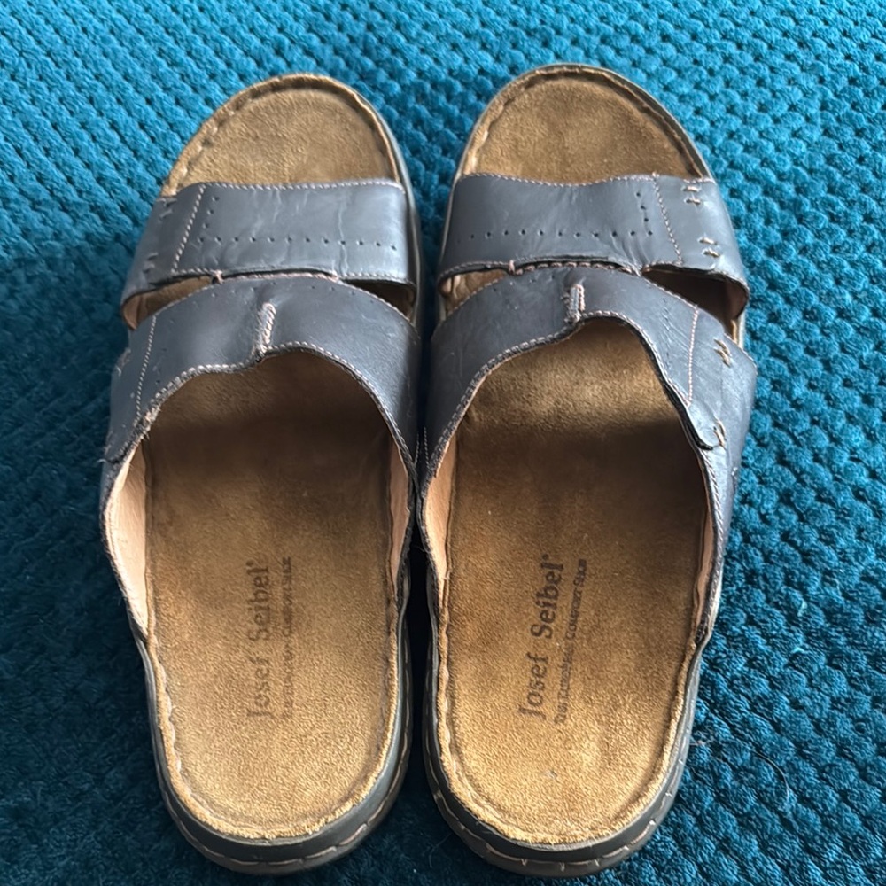 Josef Seibel Men's Leather Slide Sandals - Dark Brown Size 14 approx US